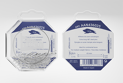 Alfiler acero Folch 43x0,6mm EXTRALARGOS CAJA PLASTICO