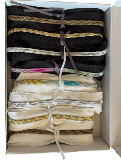 Kit cremalleras nylon blancas y negras con dientes metalizados