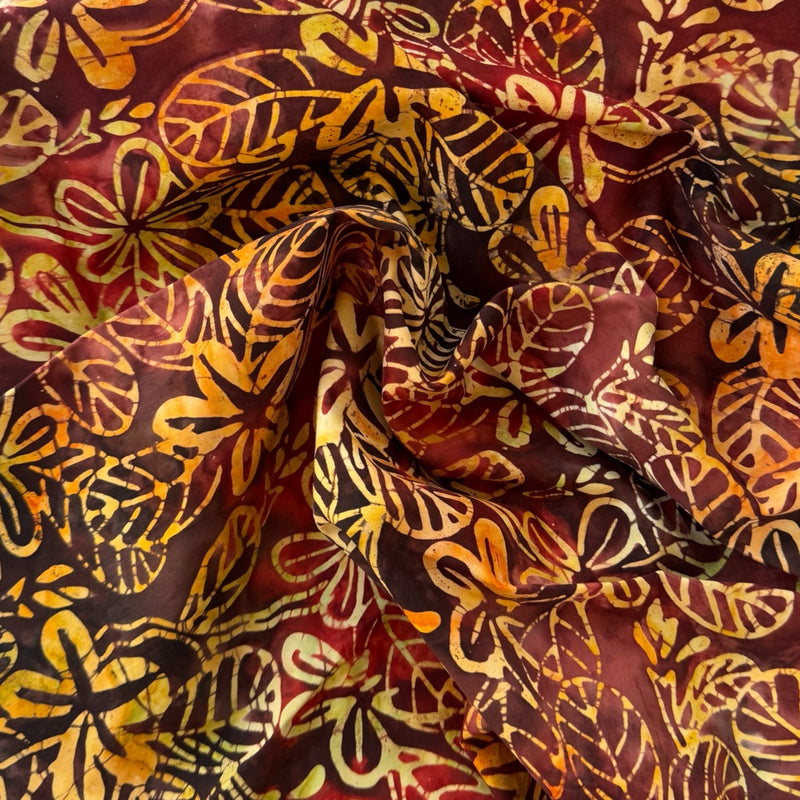 Fat quarter tela batik hojas tostadas granate amarillo naranja