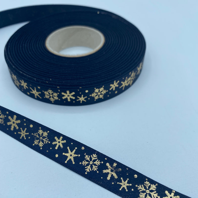 Cinta satén Navidad estrellas doradas (6,5 mm, 11 mm)