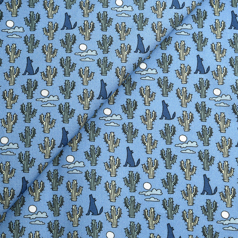 Tela 100% algodón estampado cactus y coyotes azul (CM)