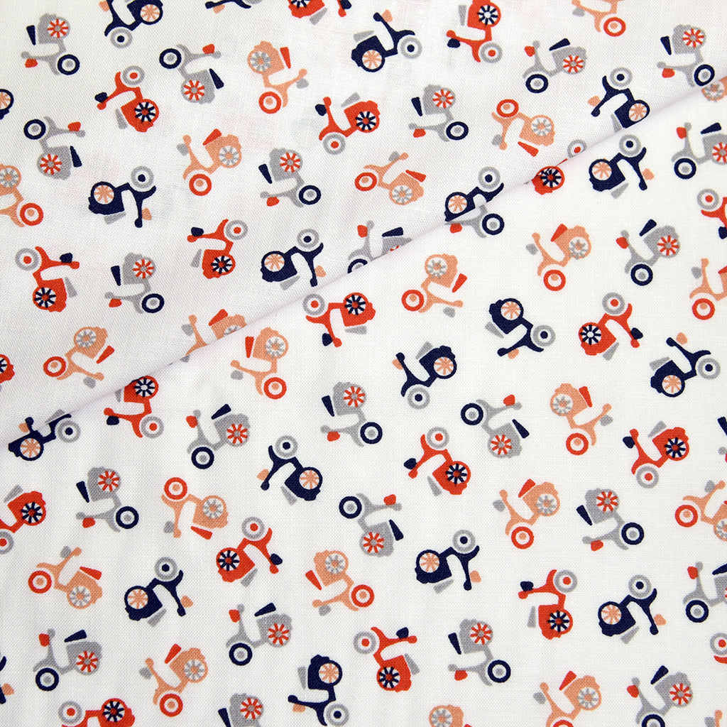 Tela popelin estampado scooters color rojo/naranja (CM)