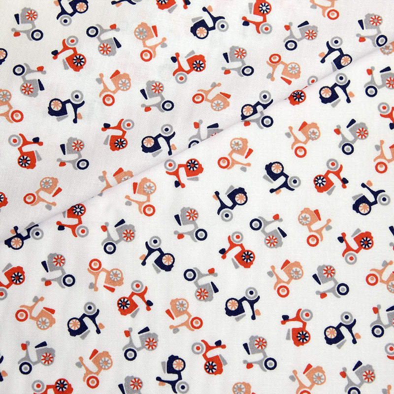 Tela popelin estampado scooters color rojo/naranja (CM)