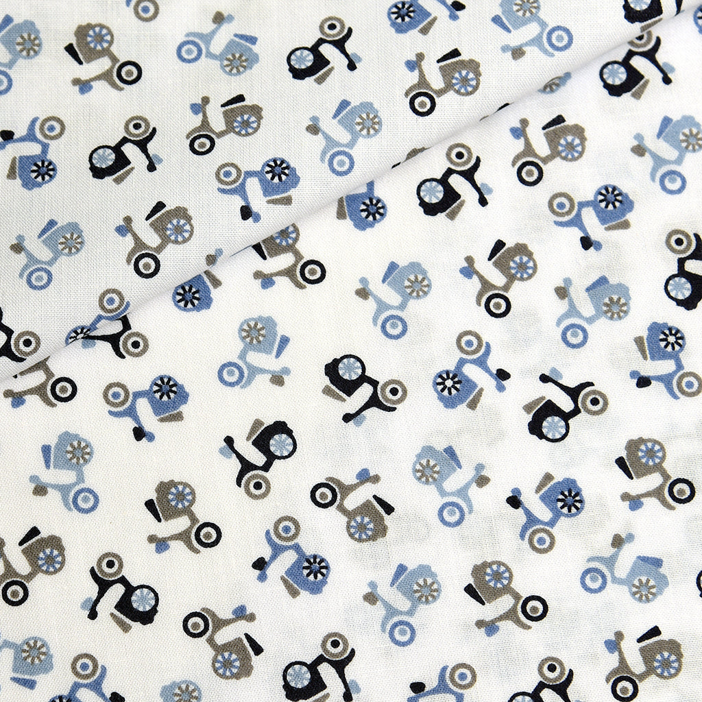 Tela popelin estampado scooters azul/gris (CM)